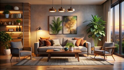 Modern Living Room with Sofa in Low Light Photography for Cozy Atmosphere