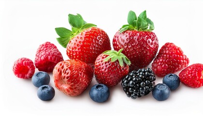 Obraz premium strawberries raspberries blueberries and blackberries on a white isolated background
