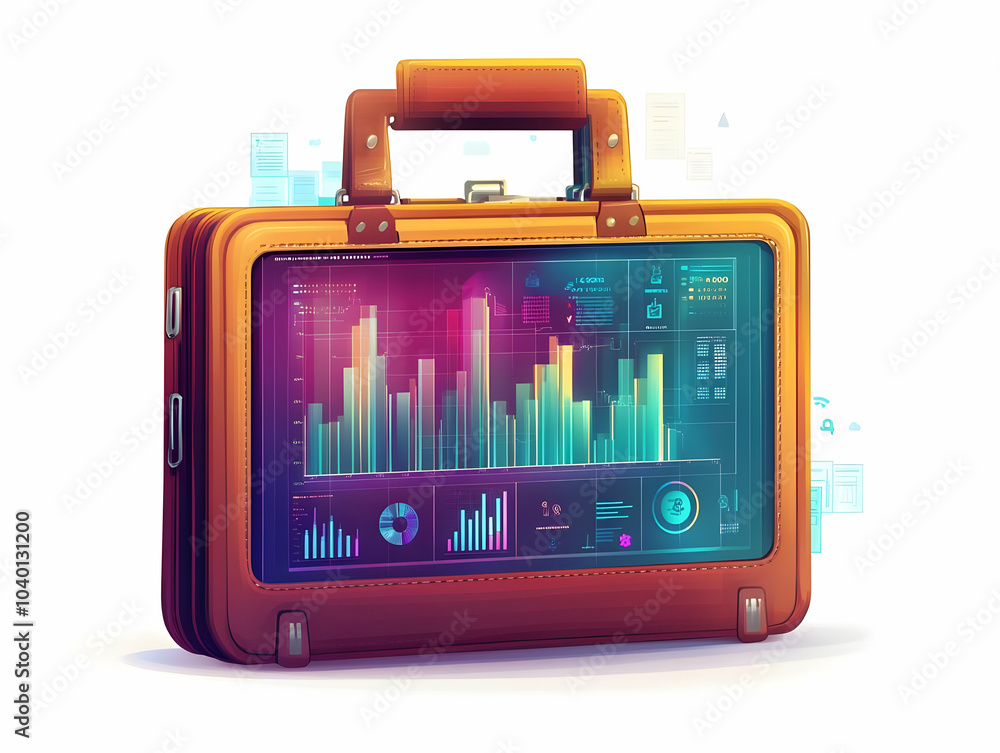 Poster flat briefcase holographic profit projection vector illustration - open briefcase with leather textu