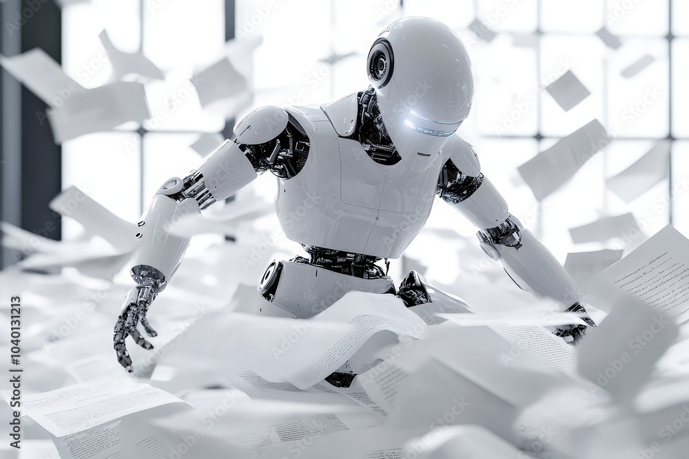 Poster robot analyzing documents in a modern office setting
