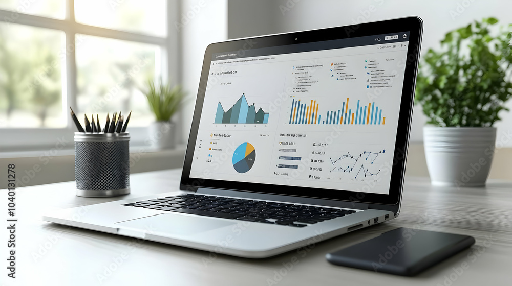 Poster 3d visual of open laptop displaying social media analytics with marketer taking notes, medium shot f
