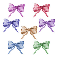 Watercolor colorful bows set, ribbon silk, illustration