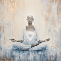Woman meditating with a heart glowing in her chest.