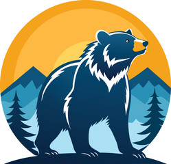 a bear is standing in the forest with an orange sunset in the background
