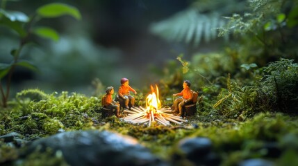 Obraz premium Campfire Tales, tiny campers gathered, flickering match fire, sharing stories under a starlit sky, whimsical evening atmosphere