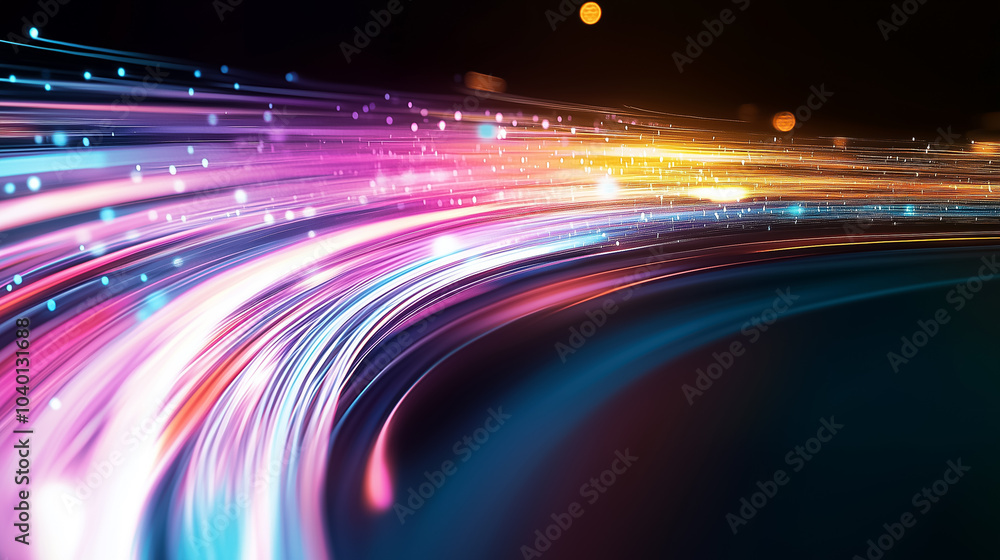 Poster vibrant light trails represent rapid data transfer, showcasing a dynamic and colorful display in a d
