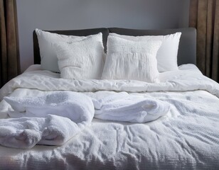 symmetrical white quilt on bed with pillows covered in snow