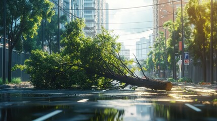 damaged city. storm damage aftermath Damaged tree by hurricane wind after storm.Tree down on the road. transformer on electric poles and a tree laying across power lines over road.