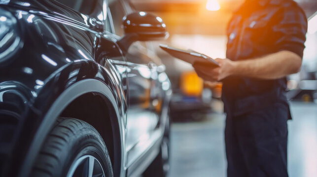 Mechanic inspecting a vehicle in a dimly lit automotive workshop during the day
