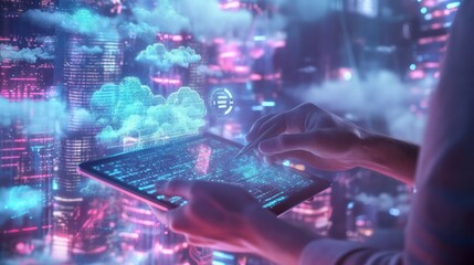 Data exchange, digital technology, cloud computing concept. Computer programmer working with tablet computer and laptop with AI and data exchange, computer code, internet global, Generative AI