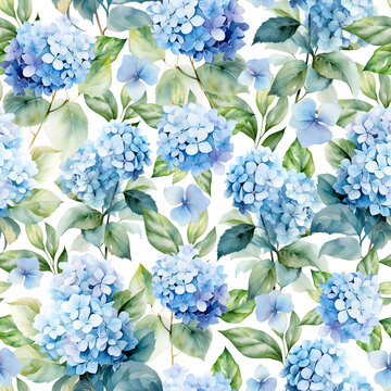 Seamless pattern with watercolor blue hydrangea and leaves