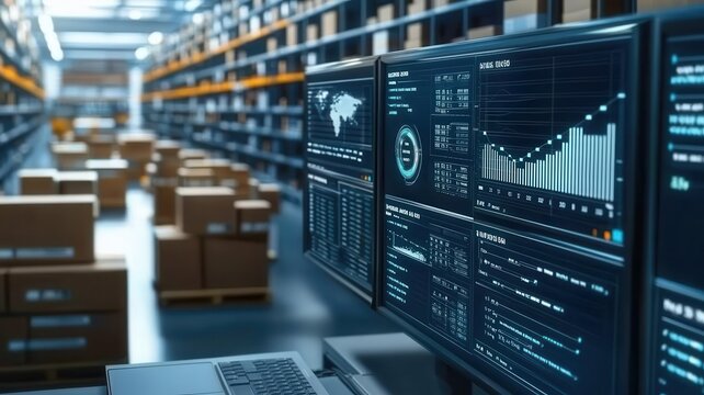 Warehouse and inventory management concept. Organized inventory with dynamic stock updates displayed on screens, live inventory tracking, real-time logistics