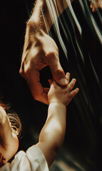 Close-up of an adult hand gently holding a toddler's hand, symbolizing love, protection, and family connection