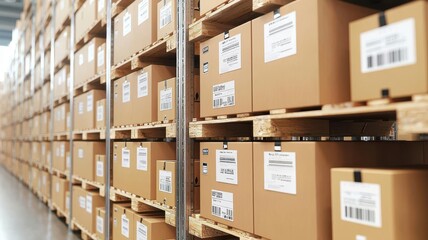 Warehouse and inventory schedule management concept. Pallets loaded with boxes, with labels ready for shipment.