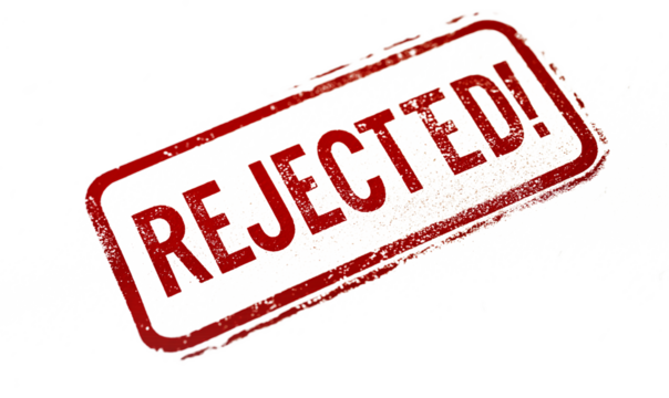 Red 'REJECTED' stamp with grunge texture and angled placement, symbolizing rejection, denial, or disapproval in business or official documentation