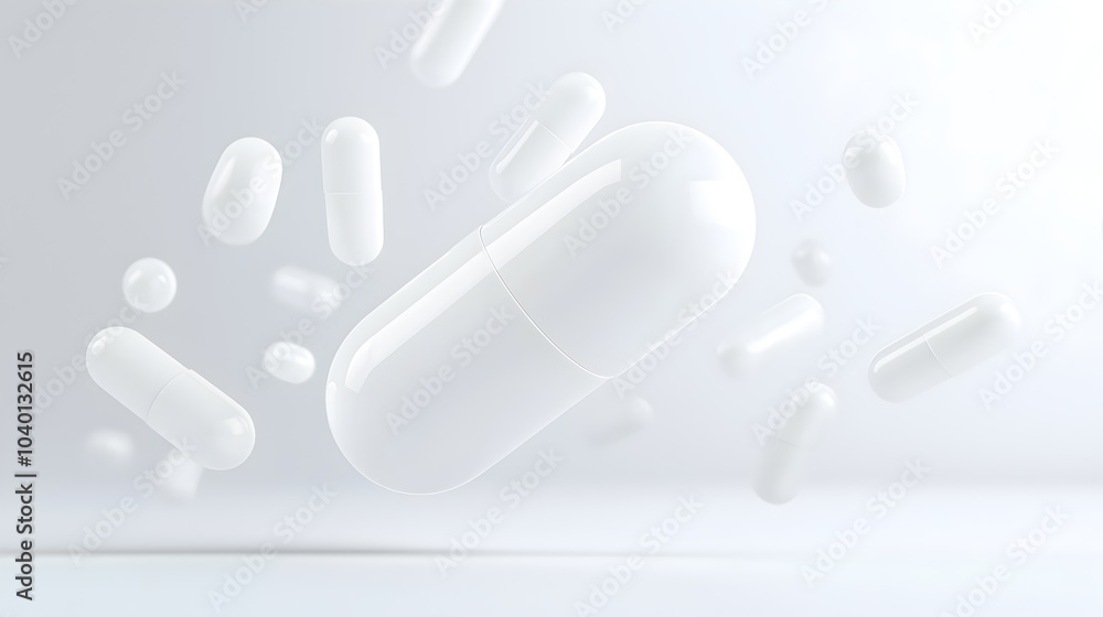 Poster minimalist gray hovering pill - modern digital rendering on solid background for sleek design projec