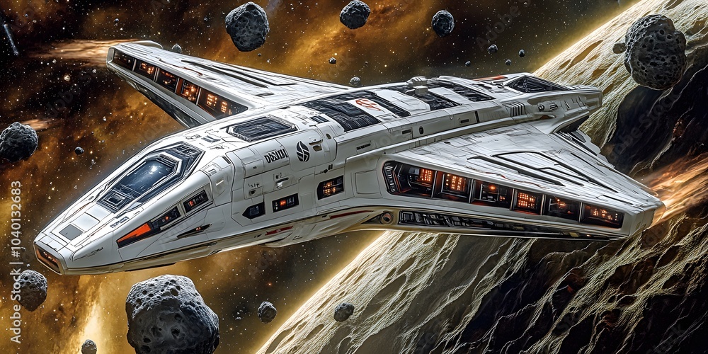 Poster a futuristic spaceship navigating through an asteroid field in outer space.
