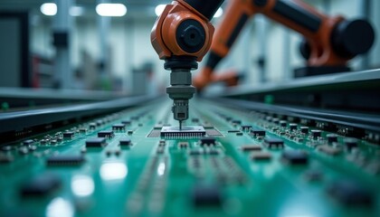 Fototapeta premium Robotic precision in electronics manufacturing
