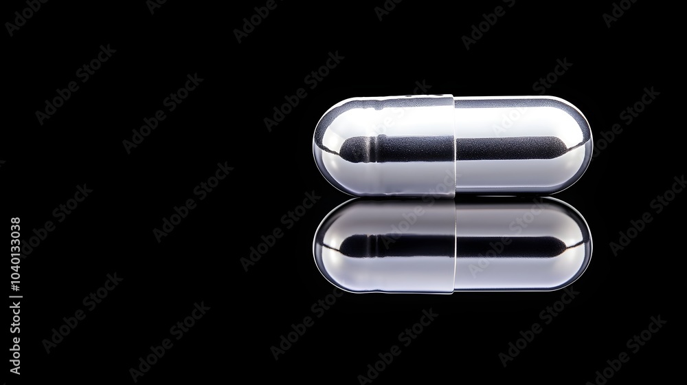 Aufkleber levitating chrome pill on black background - reflective isolated object for modern design and health