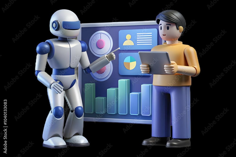 Poster human robot data analysis holographic screen digital art collaborative decision making soft bokeh am