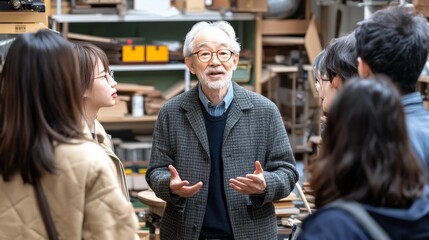 Elderly man shares woodworking skills with young adults at a community center workshop