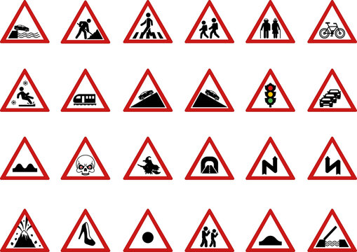 Red Triangular Road Signs. Vector Icons. Humorous Stickers. Embankment Exit, Road Works, Pedestrian Crossing, School Crossing. Parking, Traffic Jam, Traffic Light, Train, Zombie, Witch Road, and More