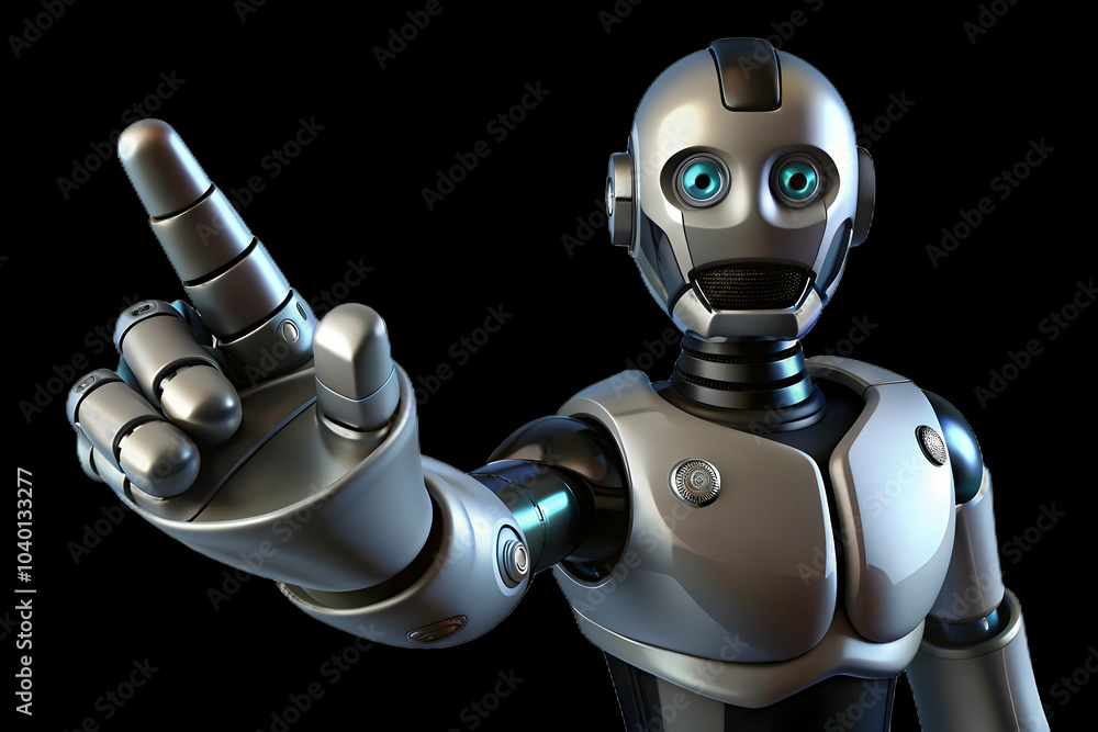 Poster glossy robot hand pointing forward on black background - futuristic ai concept for business directio