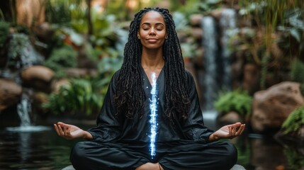 Individual practicing mindfulness meditation in nature while using a device for mental well being tracking