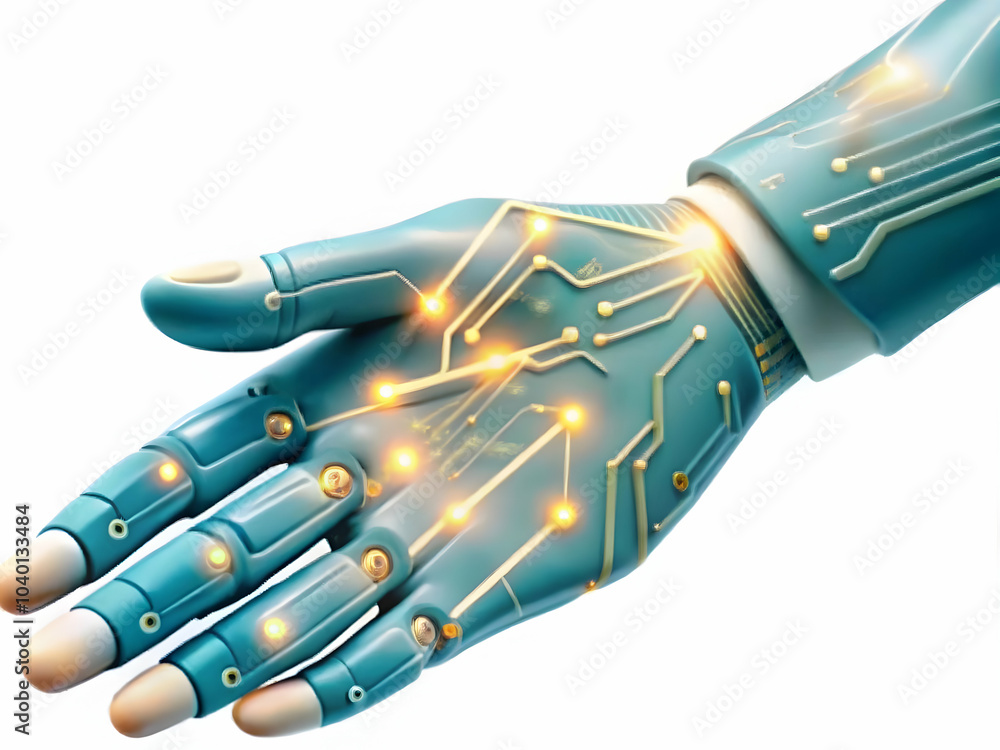 Poster close up human hand touching robotic hand glowing circuits macro shot symbolizing connection collabo