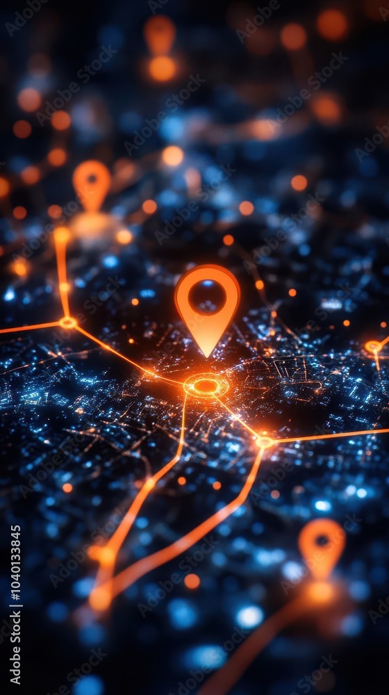 Poster gps navigation concept with a glowing route path and location pins on a digital map, overlaid on a s