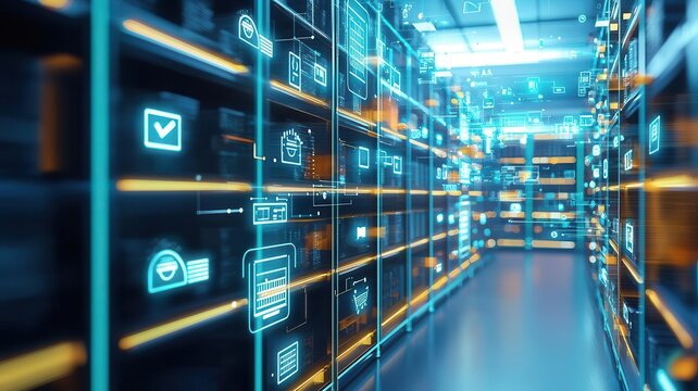 Warehouse and inventory schedule management concept. Smart shelves with automated stock tracking sensors, inventory technology, automation