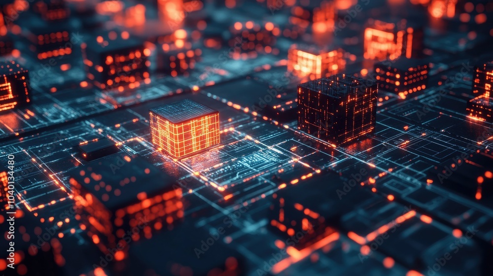 Poster digital interface with interconnected glowing cubes on a tech process backdrop