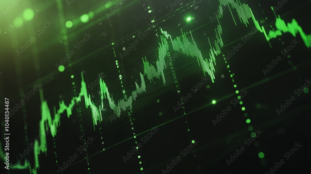 Poster futuristic trading chart with glowing green patterns and dynamic data representation on a dark backg