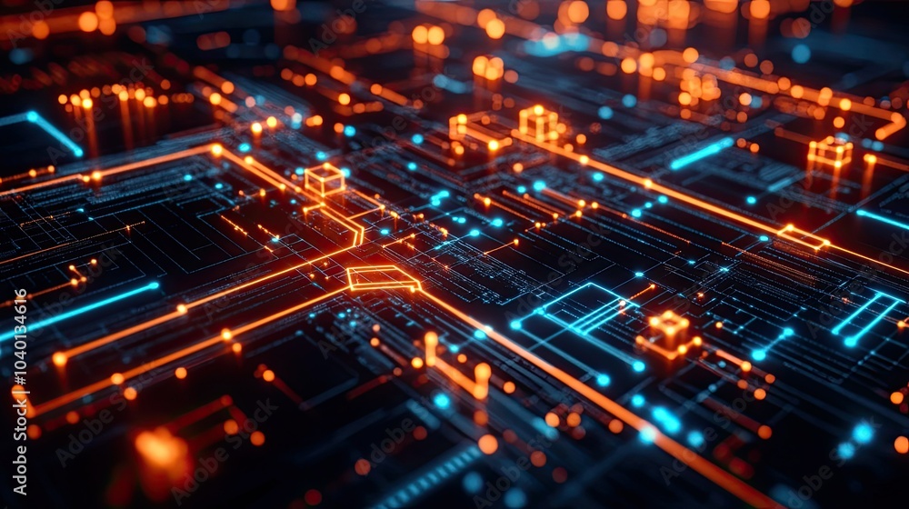 Poster digital interface with interconnected glowing cubes on a tech process backdrop