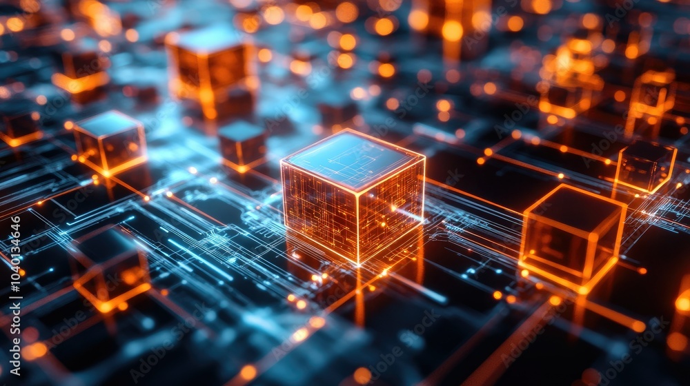 Poster digital interface with interconnected glowing cubes on a tech process backdrop