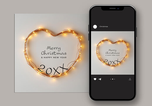 Christmas Social Post With Heart Shape and Festive Lights, Generative ai