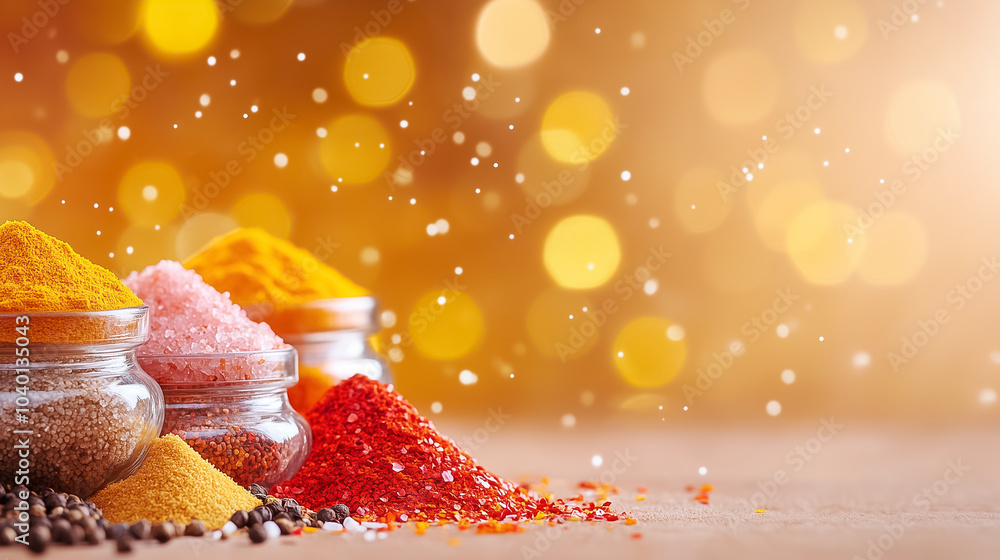 Poster close-up view of various spices in jars arranged on wood, creating a colorful display with a magical