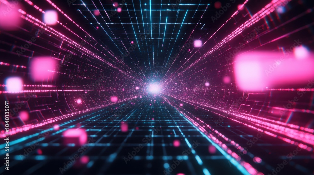 Poster dynamic data streams flowing through a neon digital grid background
