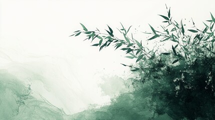 Serene Bamboo River, minimalist lines, artistic ink wash, green gradient, tranquil river scene, evokes peace and harmony