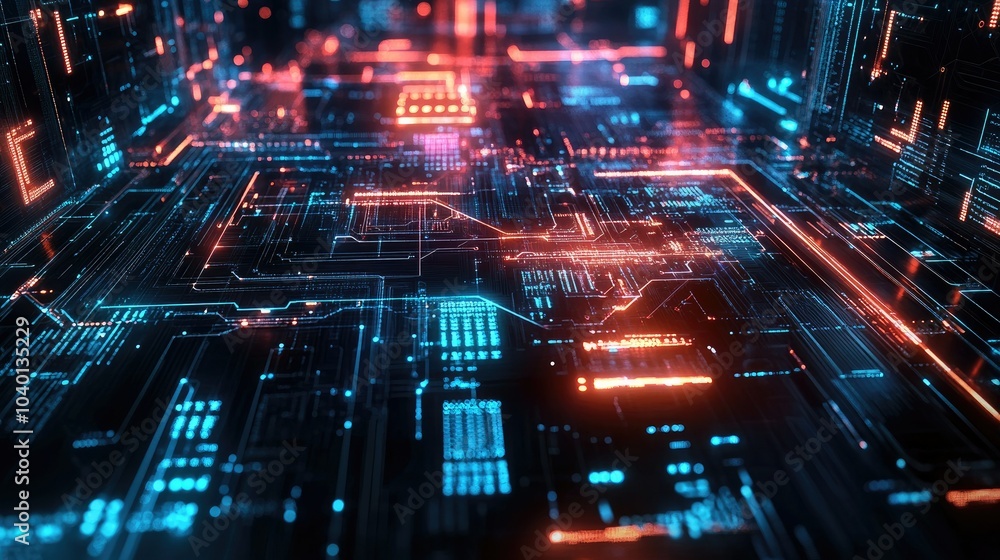Poster dynamic digital circuitry and data nodes glowing on a modern tech process backdrop