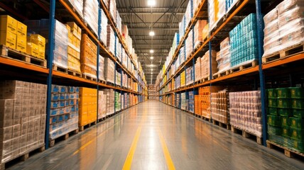 Fototapeta premium Warehouse and inventory schedule management concept. Warehouse with color-coded zones for different products, highlighting organized stock control, inventory organization, warehouse efficiency