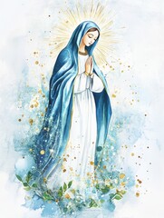 Watercolor painting of the Virgin Mary praying.
