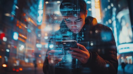 Fototapeta premium Digital technology internet network connection big data digital marketing social media concept Double exposure of man using smart mobile phone surfing internet and the city technology. : Generative A