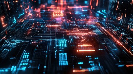 Dynamic digital circuitry and data nodes glowing on a modern tech process backdrop