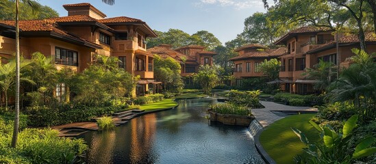 Luxurious resort with a reflecting pool surrounded by lush greenery and terracotta buildings.