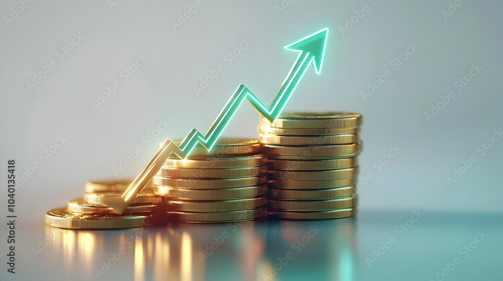 Poster 3d floating gold coin stack with glow green up arrow vector illustration - futuristic semi-transpare
