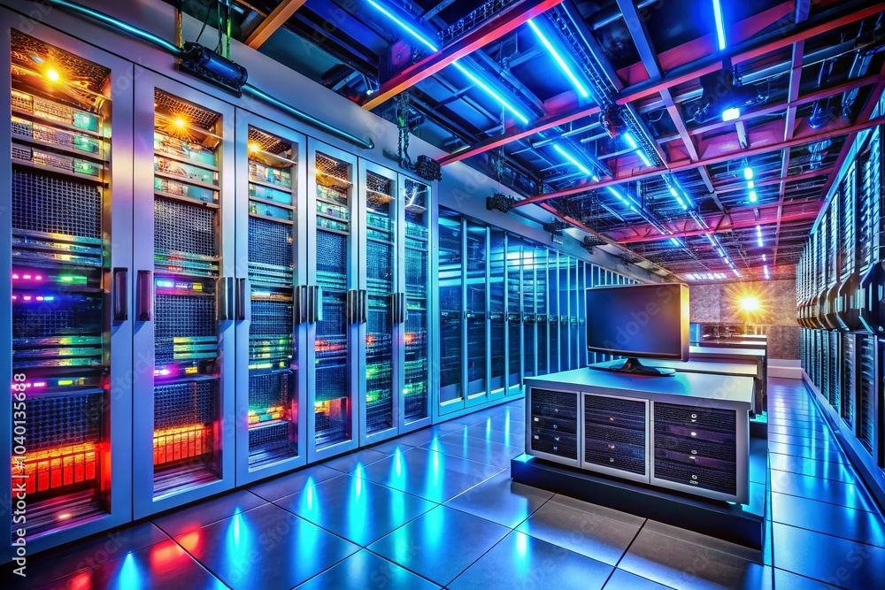 Poster modern server room with high-performance servers and networking equipment in a data center environme
