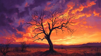 Solitary tree against a fiery sunset