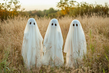 Funny people kids animals wearing halloween ghost costume celebrating, Generative AI