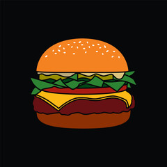 Burger with cutlet, tomatoes and herbs. Original vector illustration in vintage style. T-shirt design.